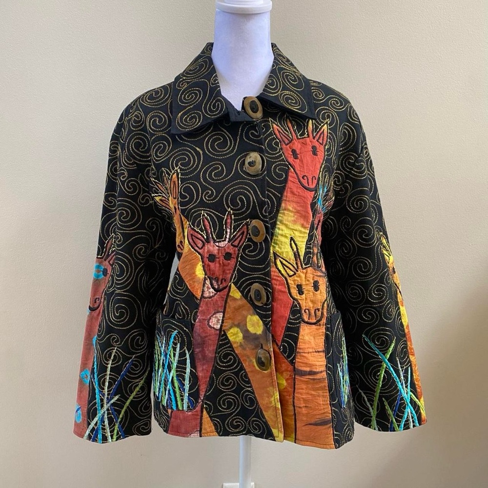 Anage Multicolored Giraffe Print Jacket w Button Front + Pockets Artsy Sz M